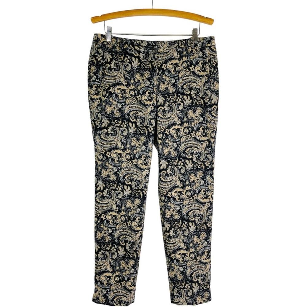 Talbots black tan paisley stretch high waisted preppy office ankle pants 10